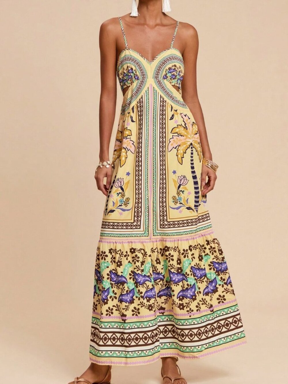 Multicolor Boho Women's Halter Dress with Cutout Waistband and Side Slits - Picture 3 of 7